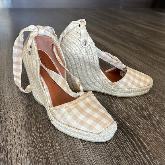Altuzarra Stevie Checked Espadrille Wedges Gingham‎ Wrap Tie High Heel Size 6.5 - Picture 4 of 16